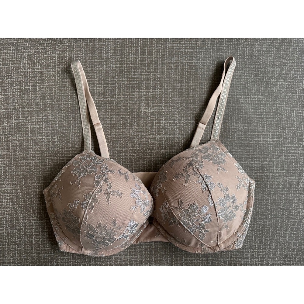 Victoria's Secret Dream Angels Push-Up Bra 36D Silver Floral Lace Beige 386492